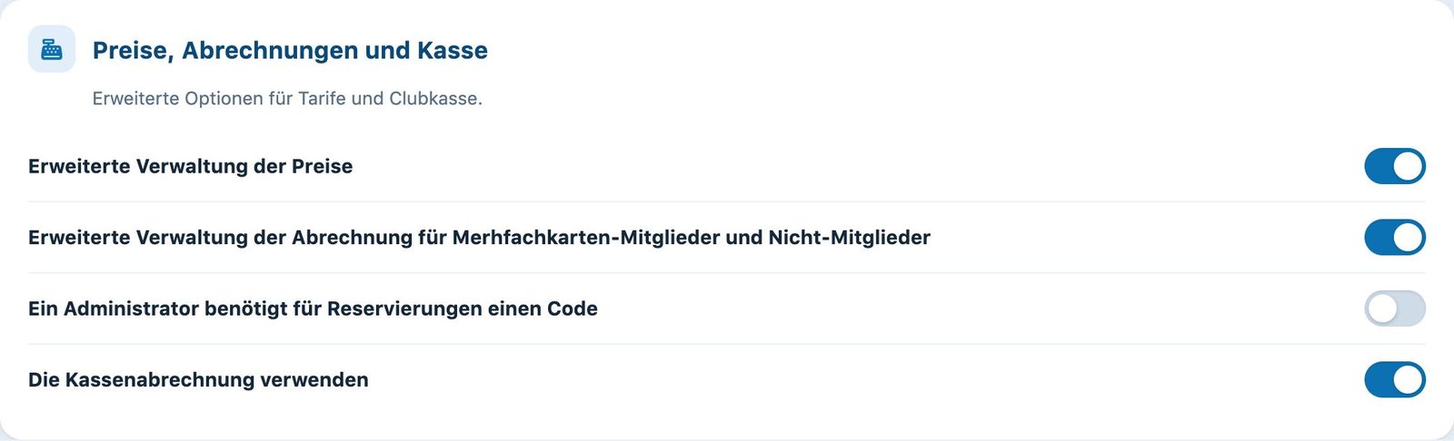 Karte Preise, Abrechnungen und Kasse