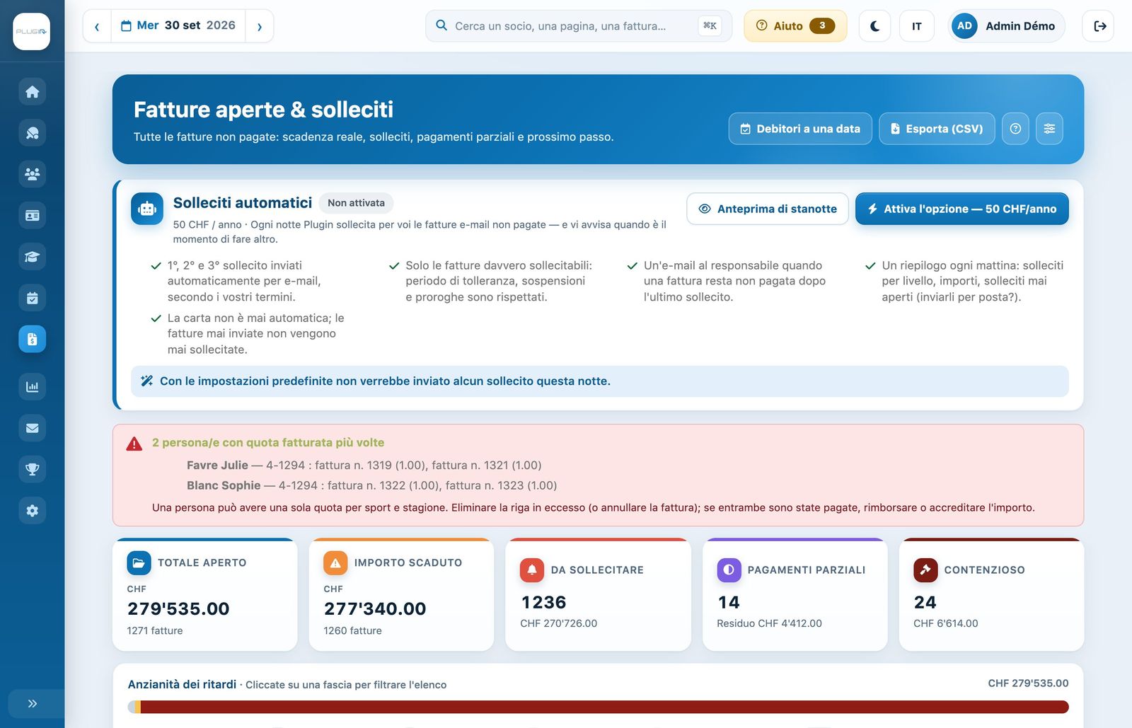 Il riquadro «Solleciti automatici» in cima alla pagina