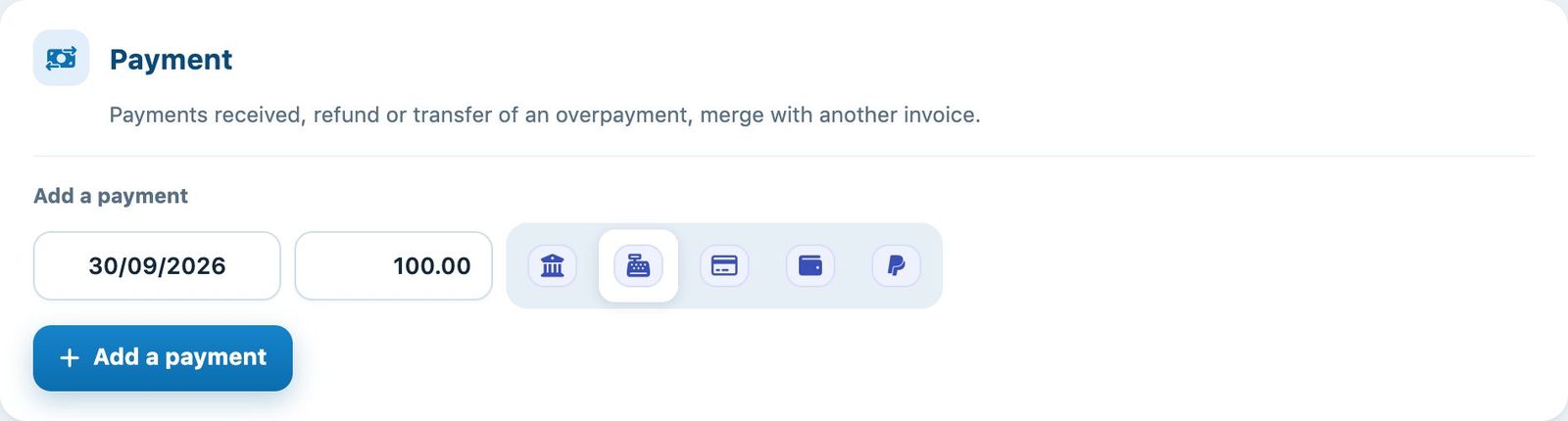 Adding a payment of 100.00 received at the cash register